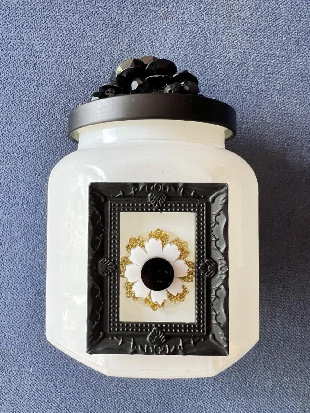 White Milk Glass Vanity Jar One-Of-A-Kind Black Gold Handcrafted 6